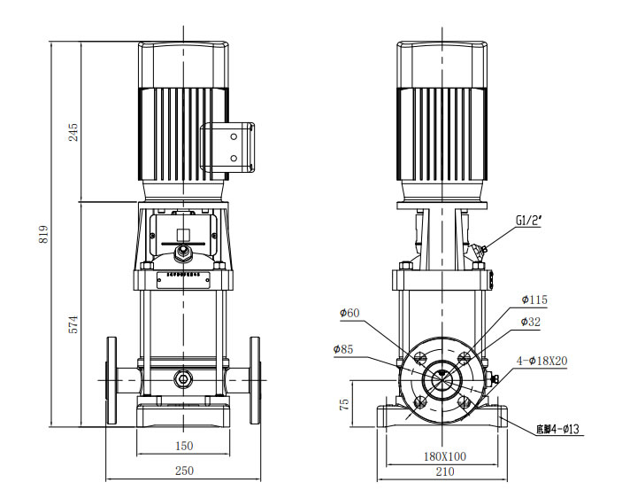 CDL1-190型立式多级离心泵安装示意图（尺寸规格参数标注）