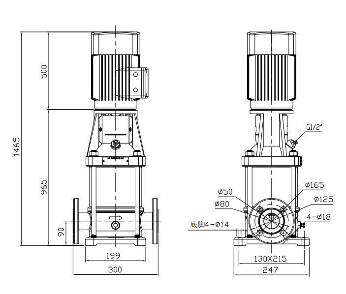 CDL20-120不锈钢材质立式多级离心泵安装示意图及尺寸规格参数