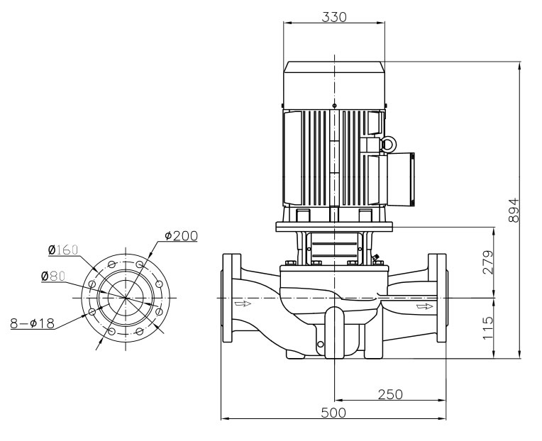 TD80-38-2管道循环泵安装示意图及尺寸参数（不带泵底板）