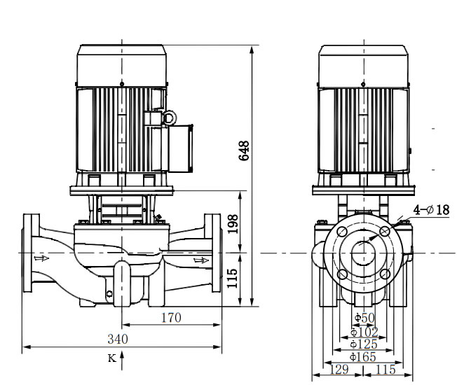 立式管道循环泵TD50-28/2普通型安装示意图（含泵体K向视图）