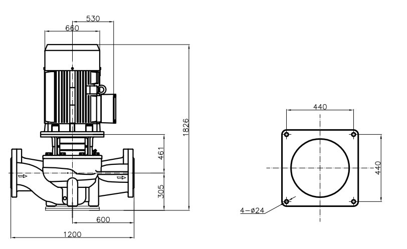 常温型大流量立式管道循环泵TD250-53/4SWHC安装示意图及基本参数（带底板）