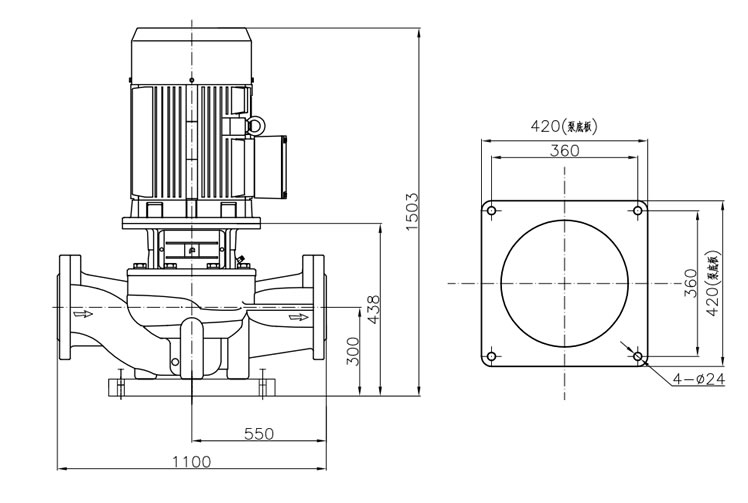 普通型管道循环泵TD250-27/4-安装示意图（含底板）