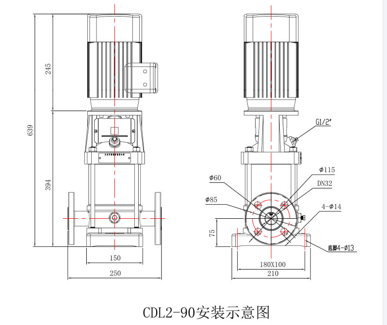 CDL2-90立式多级离心泵安装示意图（正面和侧面）