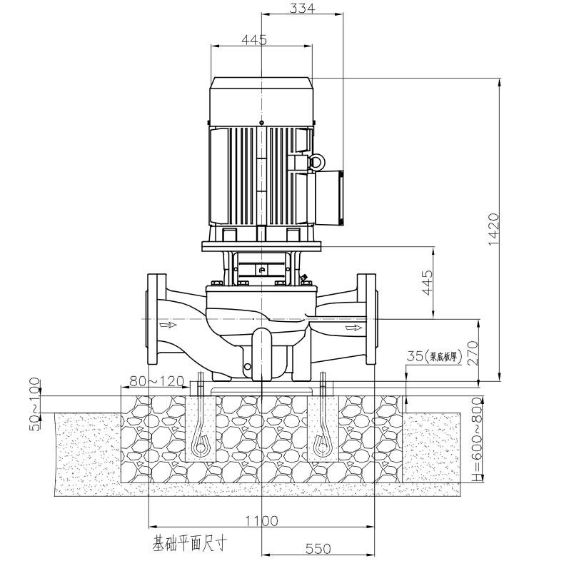 常温型管道循环泵TD200-36/4SWHC基础安装示意图（基础平面尺寸、泵尺寸）