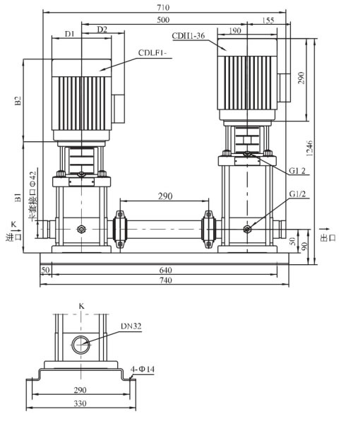 CDLF1-36立式多级离心泵+CDH1-36高压泵的安装图及尺寸重量表